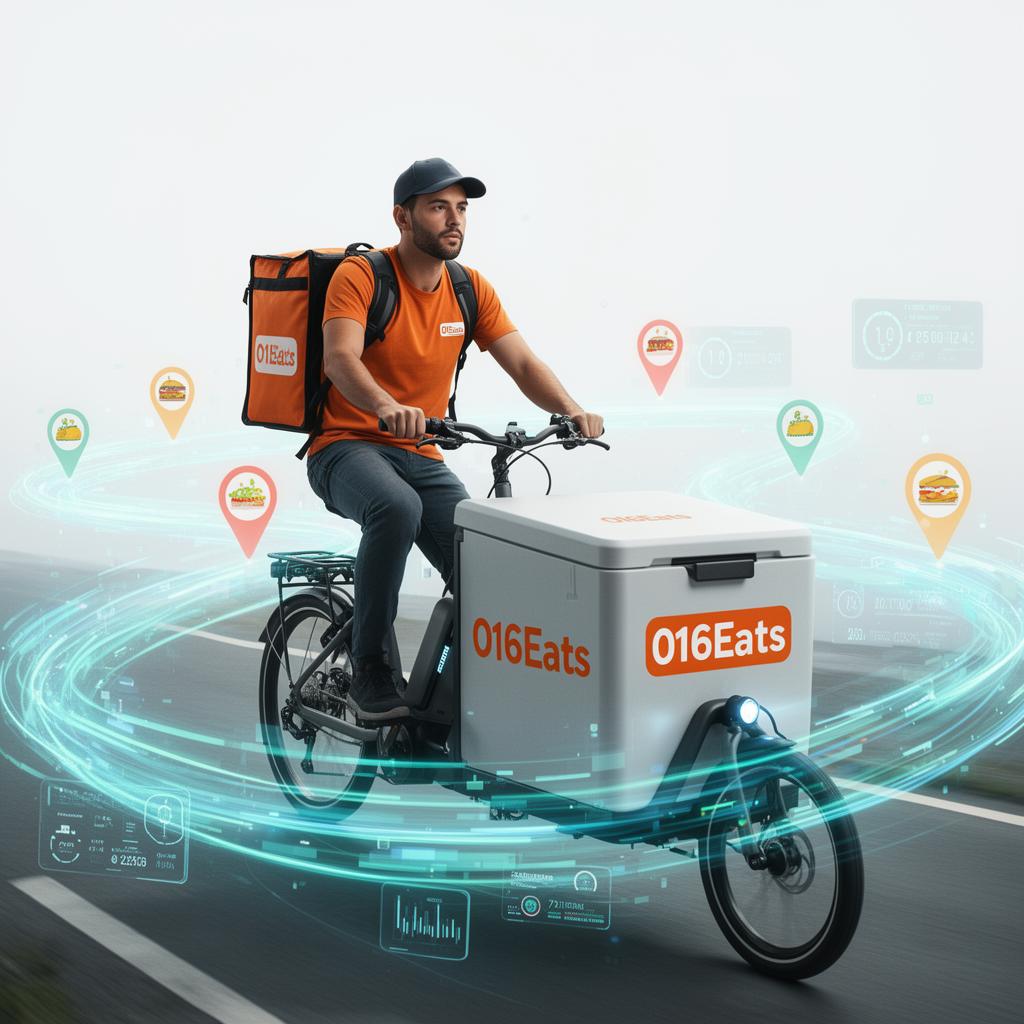 Entregador 016Eats em bike cargo elétrica com dados em tempo real